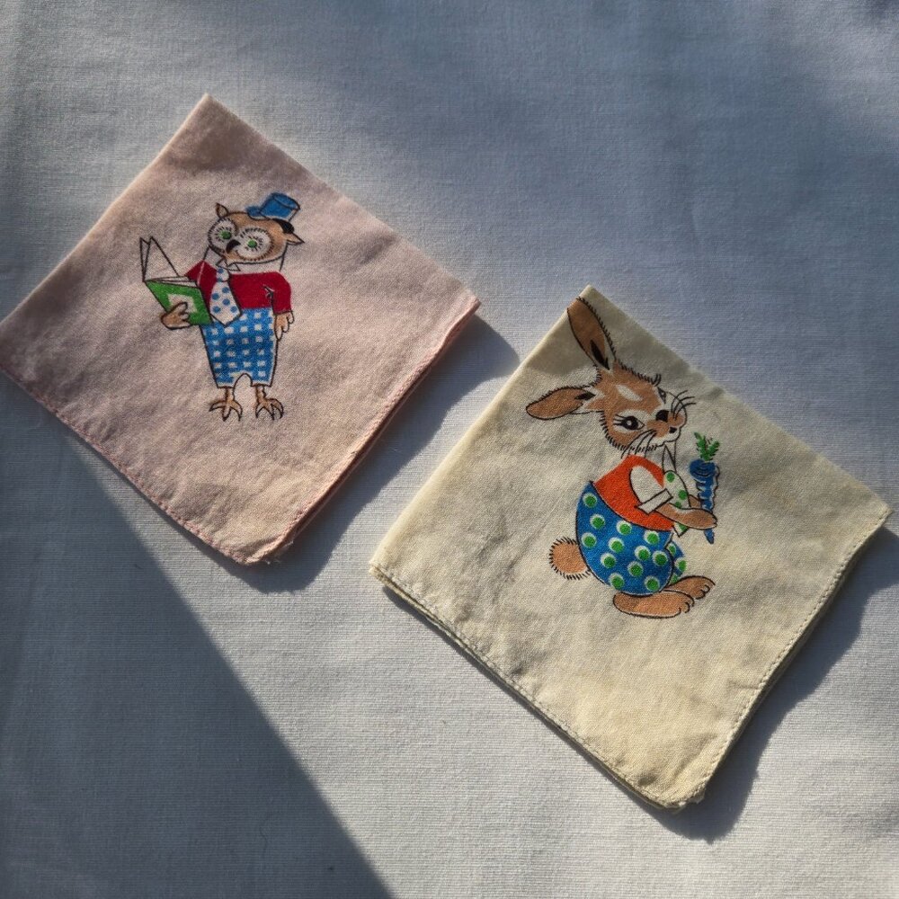 2 Vintage Child Handkerchiefs Rabbit and Owl